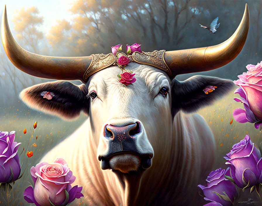 Illustrated ox with ornate horns in purple rose garden.