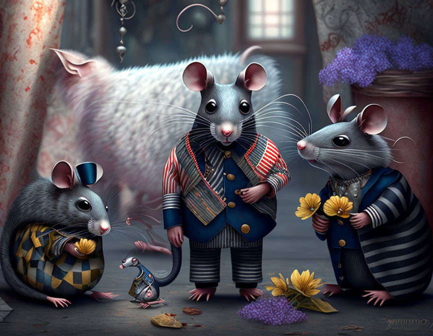 Anthropomorphic mice in vintage attire with mechanical mouse among vibrant flowers