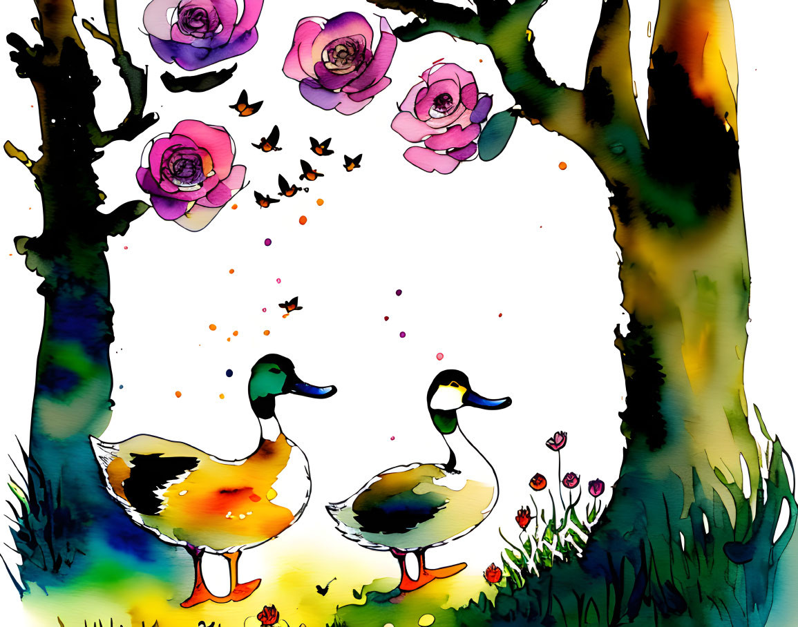 Colorful Cartoon Ducks Among Vibrant Flowers and Trees