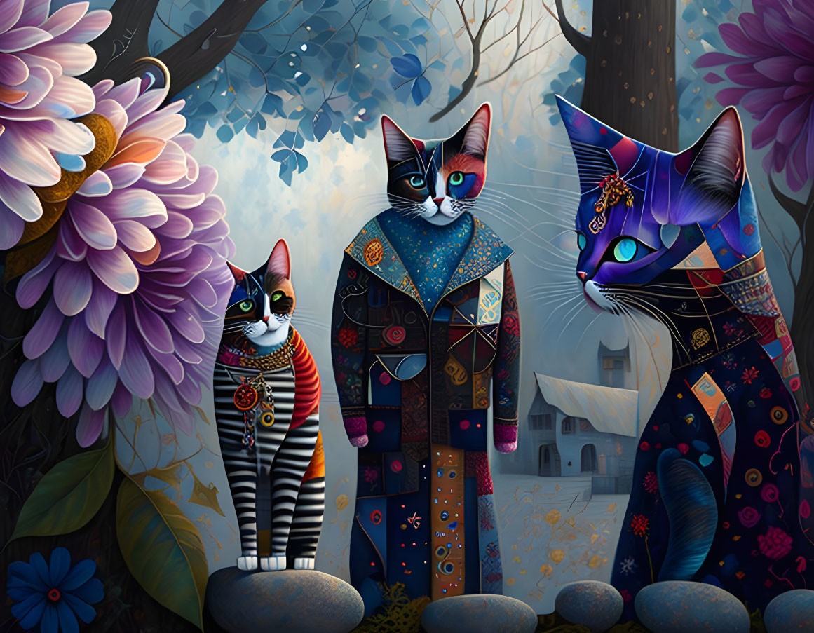 Colorful Stylized Cats in Forest with Flowers