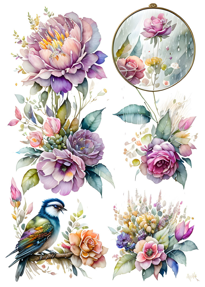 Colorful Floral Illustrations with Bird and Water Droplets Magnified