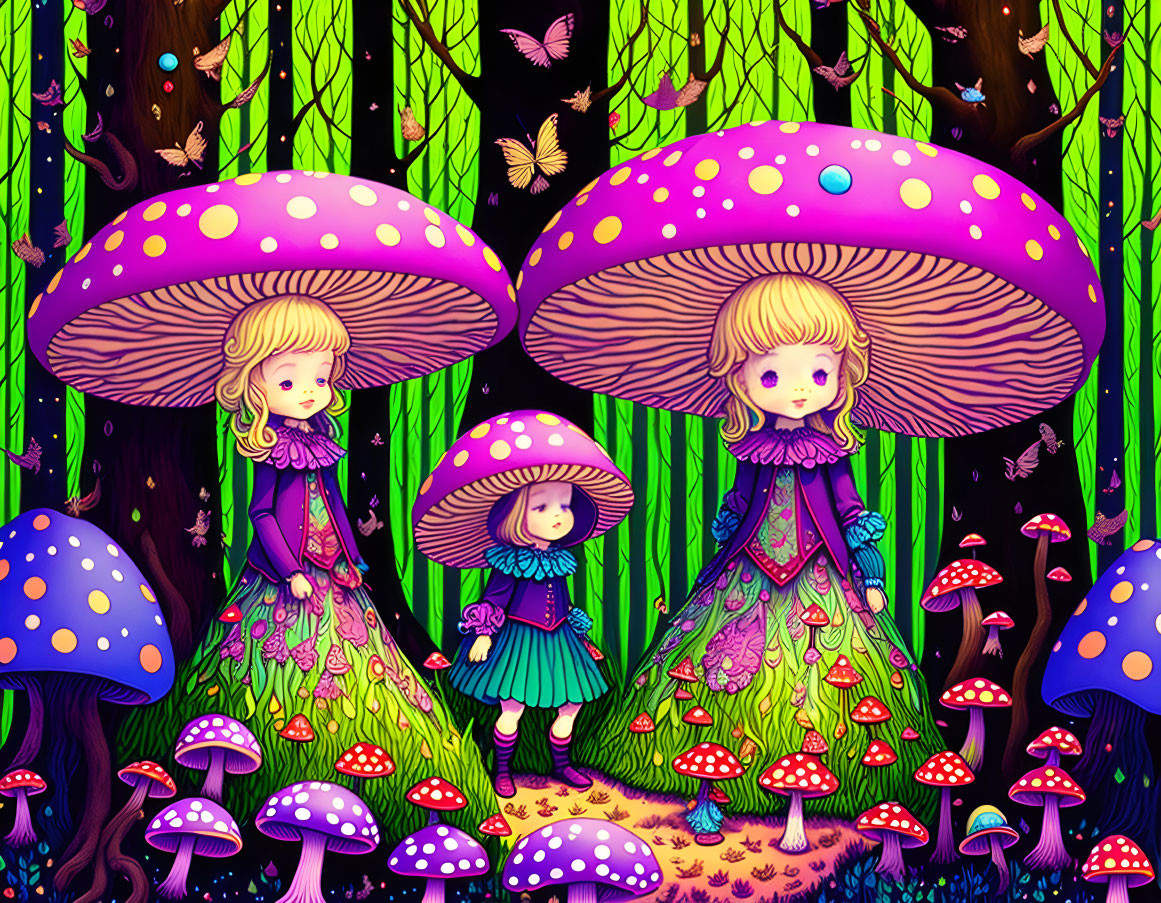 Vibrant Mushroom Forest with Stylized Girls & Butterflies