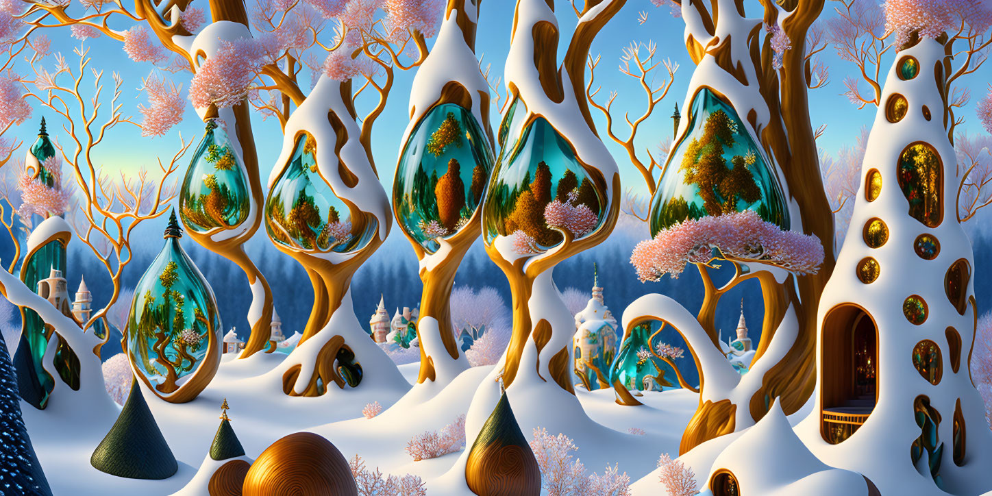 Whimsical winter landscape with tree-like structures and reflective orbs.