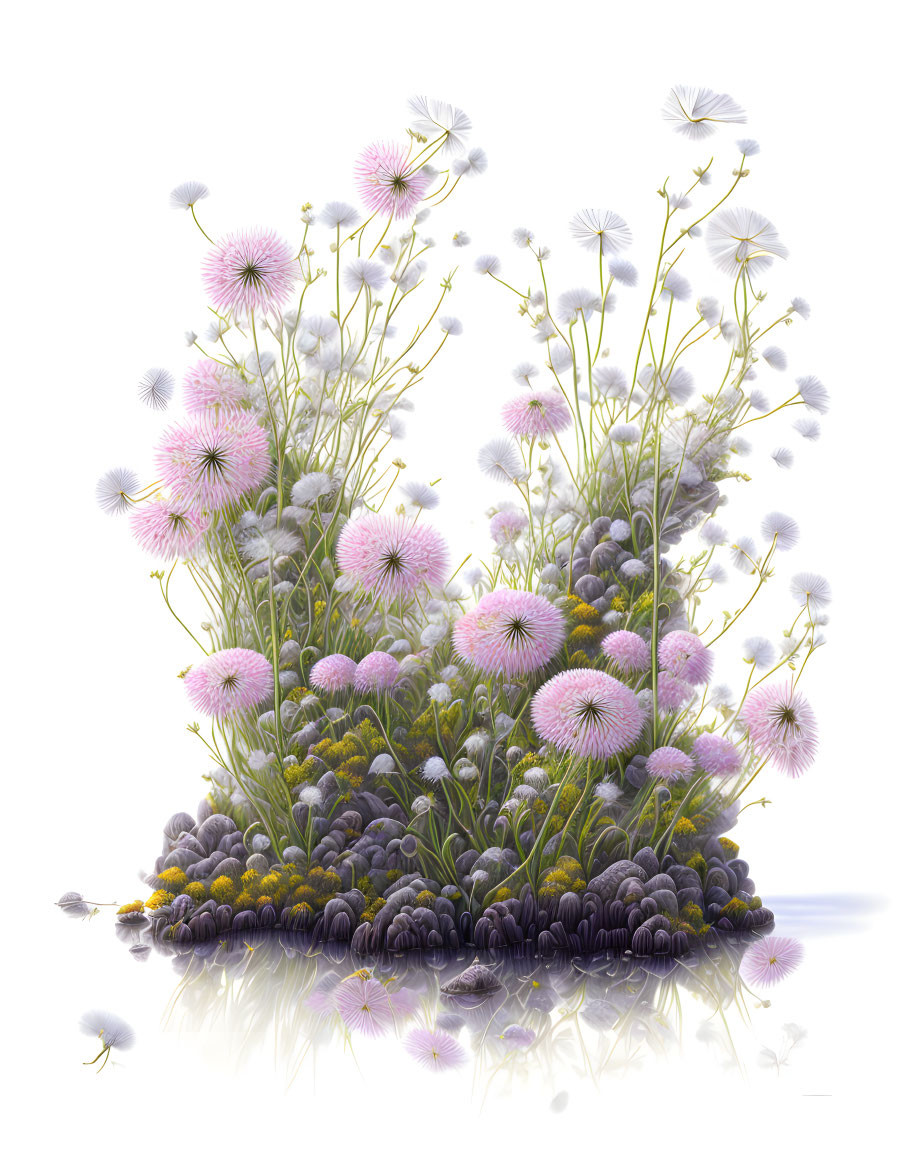 Delicate Pale Pink Dandelion Flowers Digital Illustration