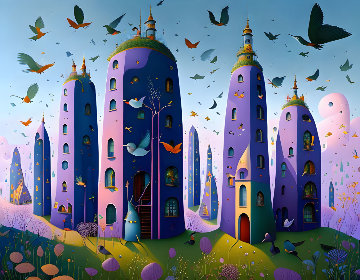 Vibrant blue fantasy towers with golden domes in whimsical illustration