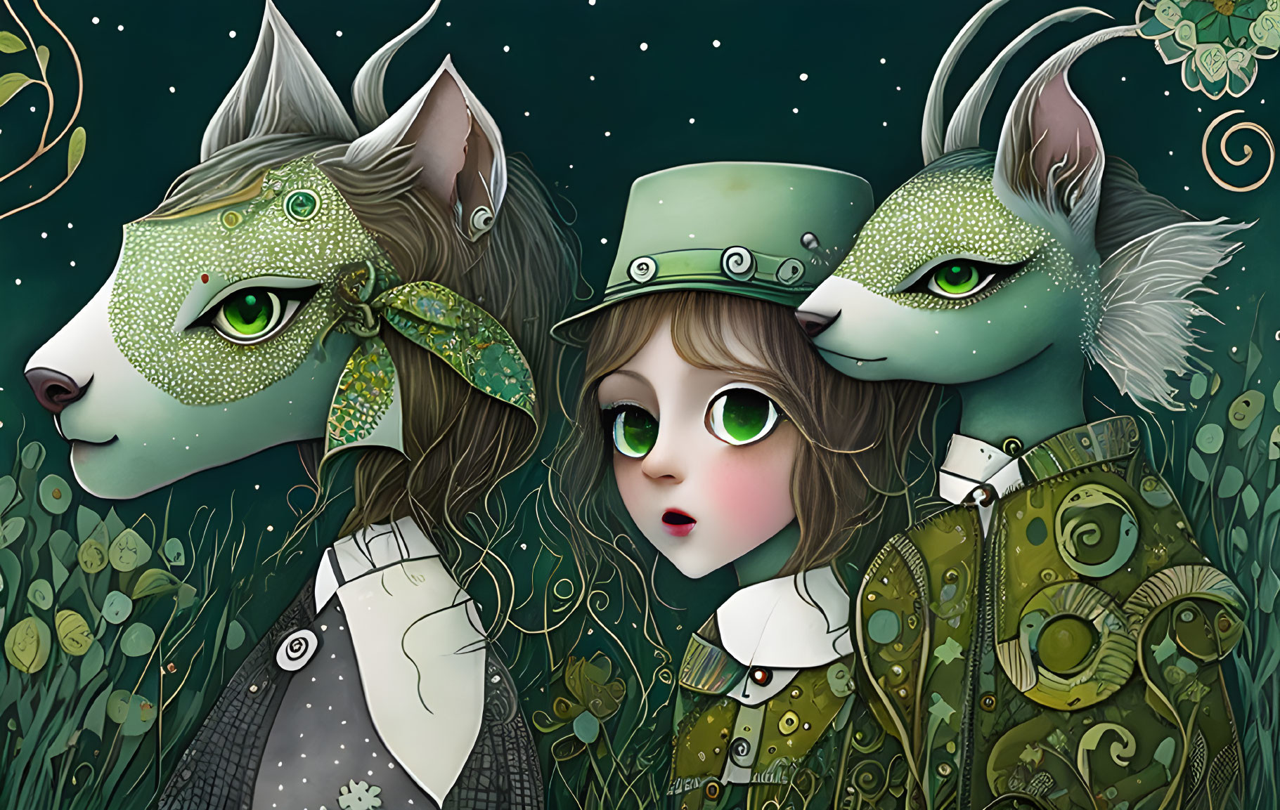 Whimsical illustration of girl with wolf and fox creatures in Victorian green attire