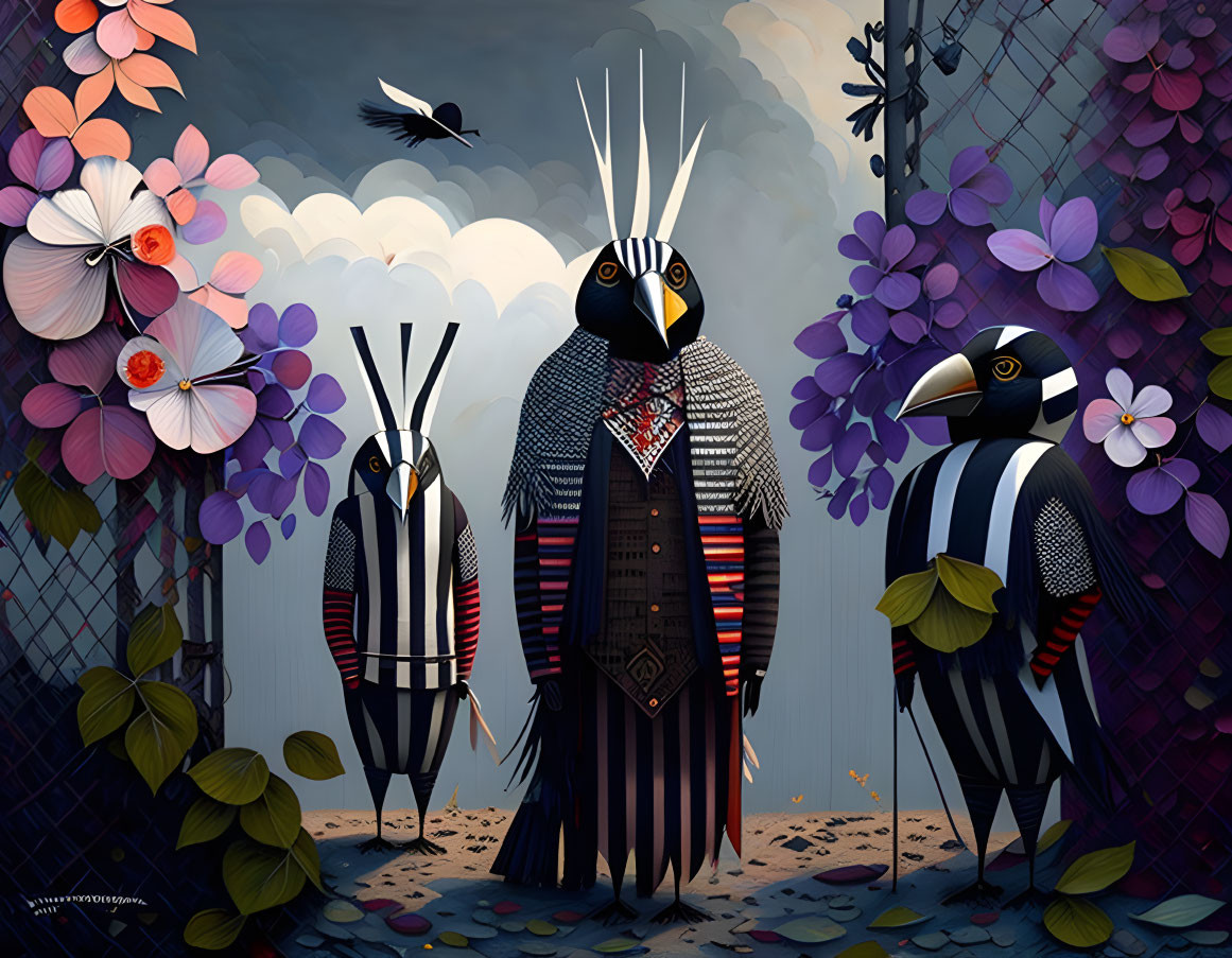 Colorful anthropomorphic birds in human-like attire among vibrant floral scenery