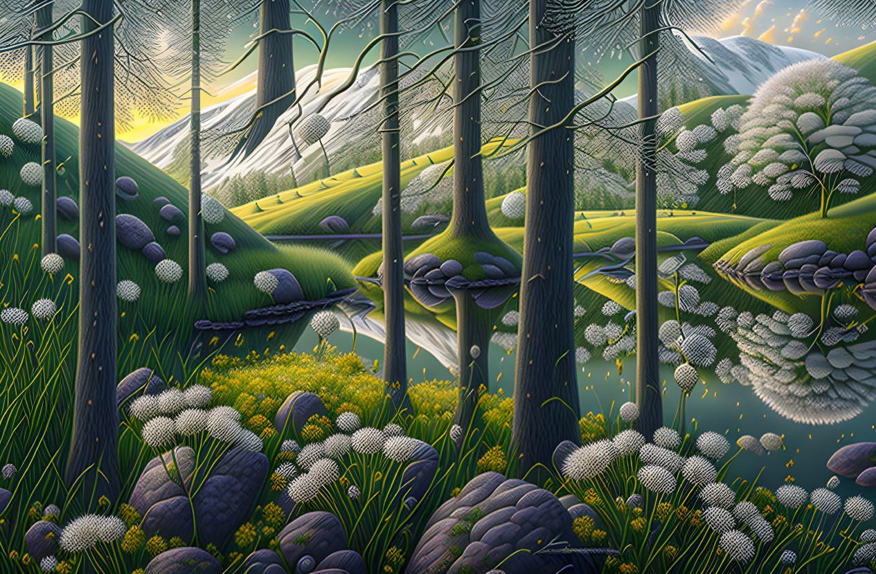 Surreal landscape with stylized trees, lush greenery, blooming flowers, and a reflective