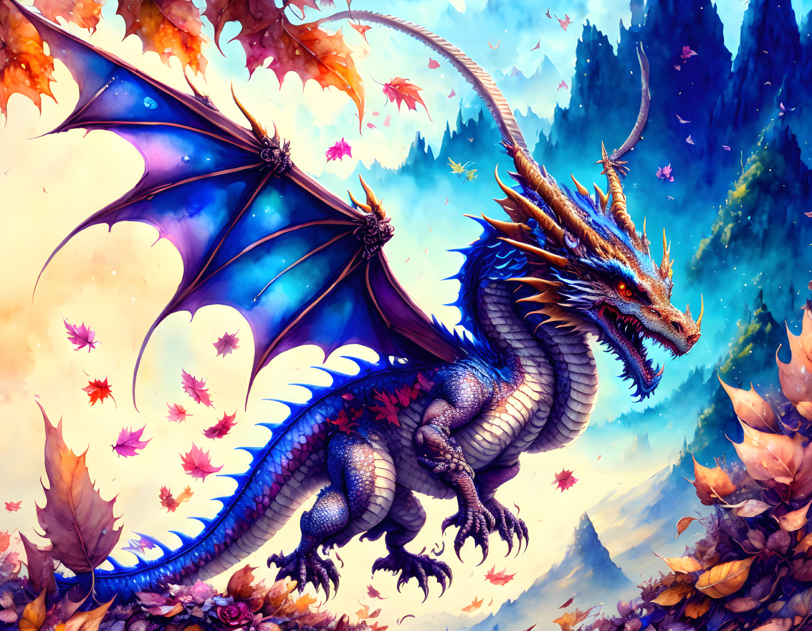 Colorful Blue Dragon with Extended Wings in Fantasy Landscape with Autumn Leaves