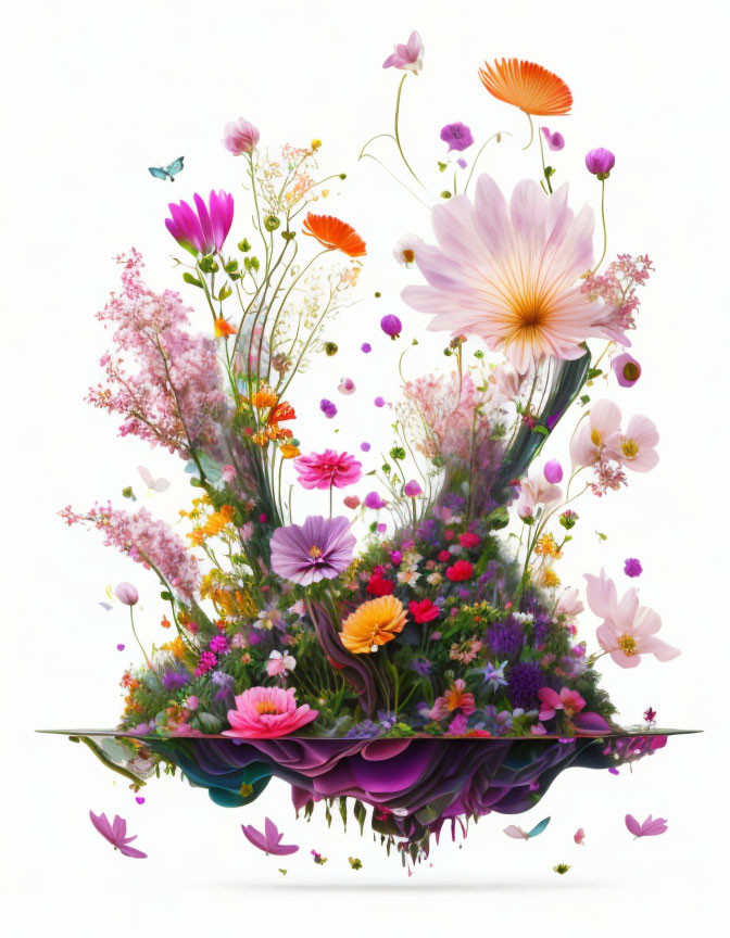 Colorful Flowers and Butterflies in Floating Garden Display