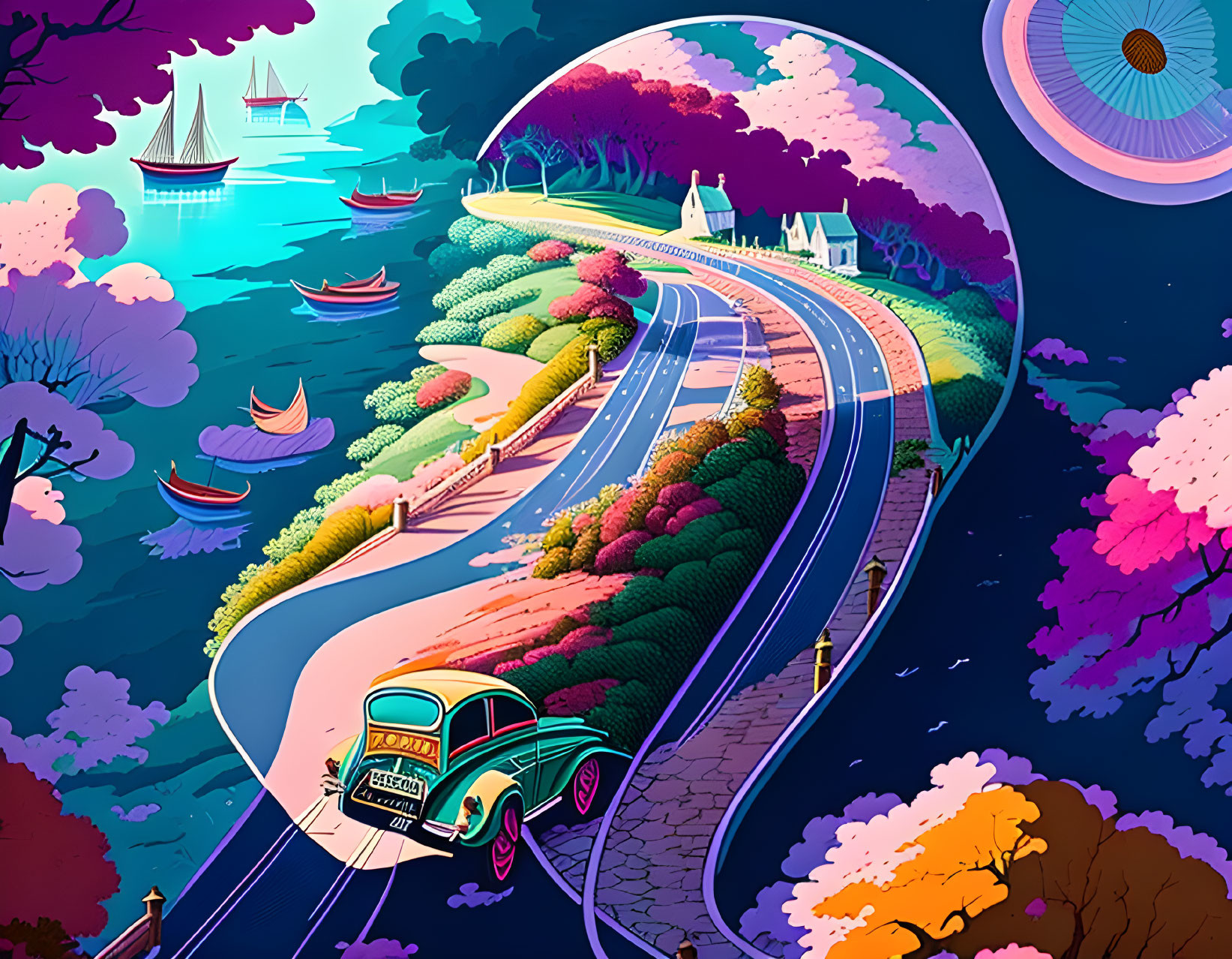 Colorful vintage car driving on winding road through lush landscape with boats, lighthouse, and whimsical