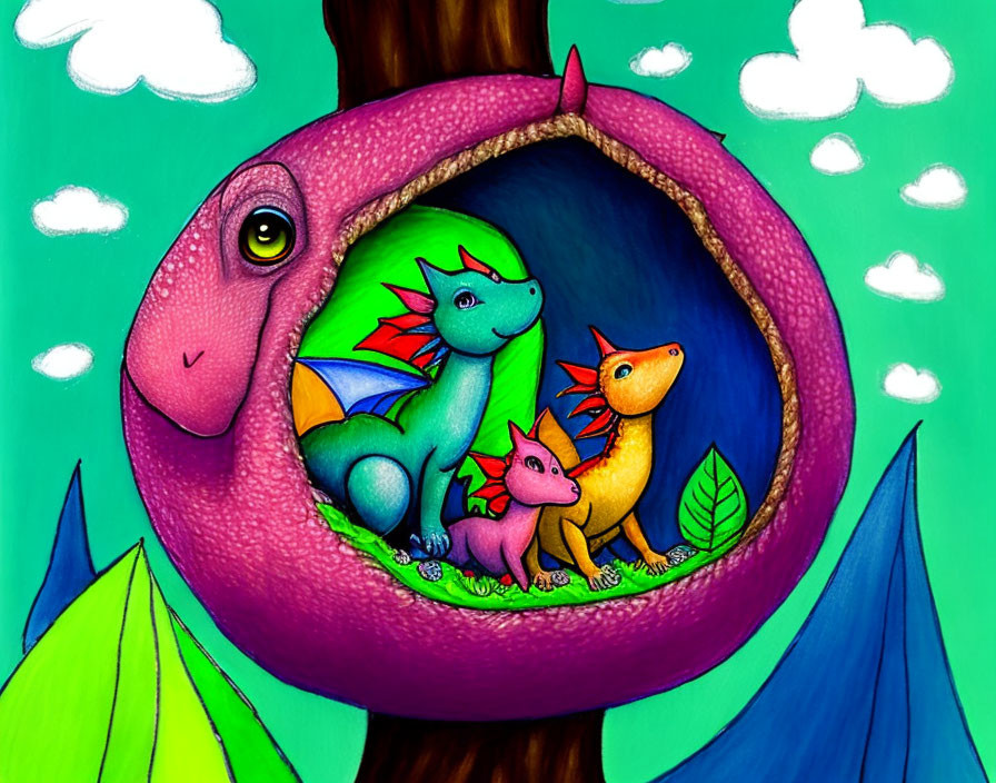 Vibrant Happy Dinosaur Family Drawing with Purple Adult and Three Baby Dinosaurs in Nest on Green