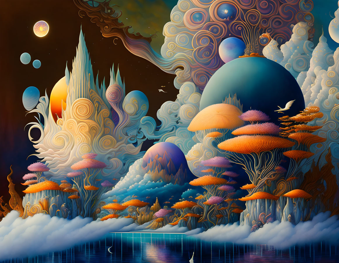 Surreal oversized mushrooms in vibrant celestial landscape