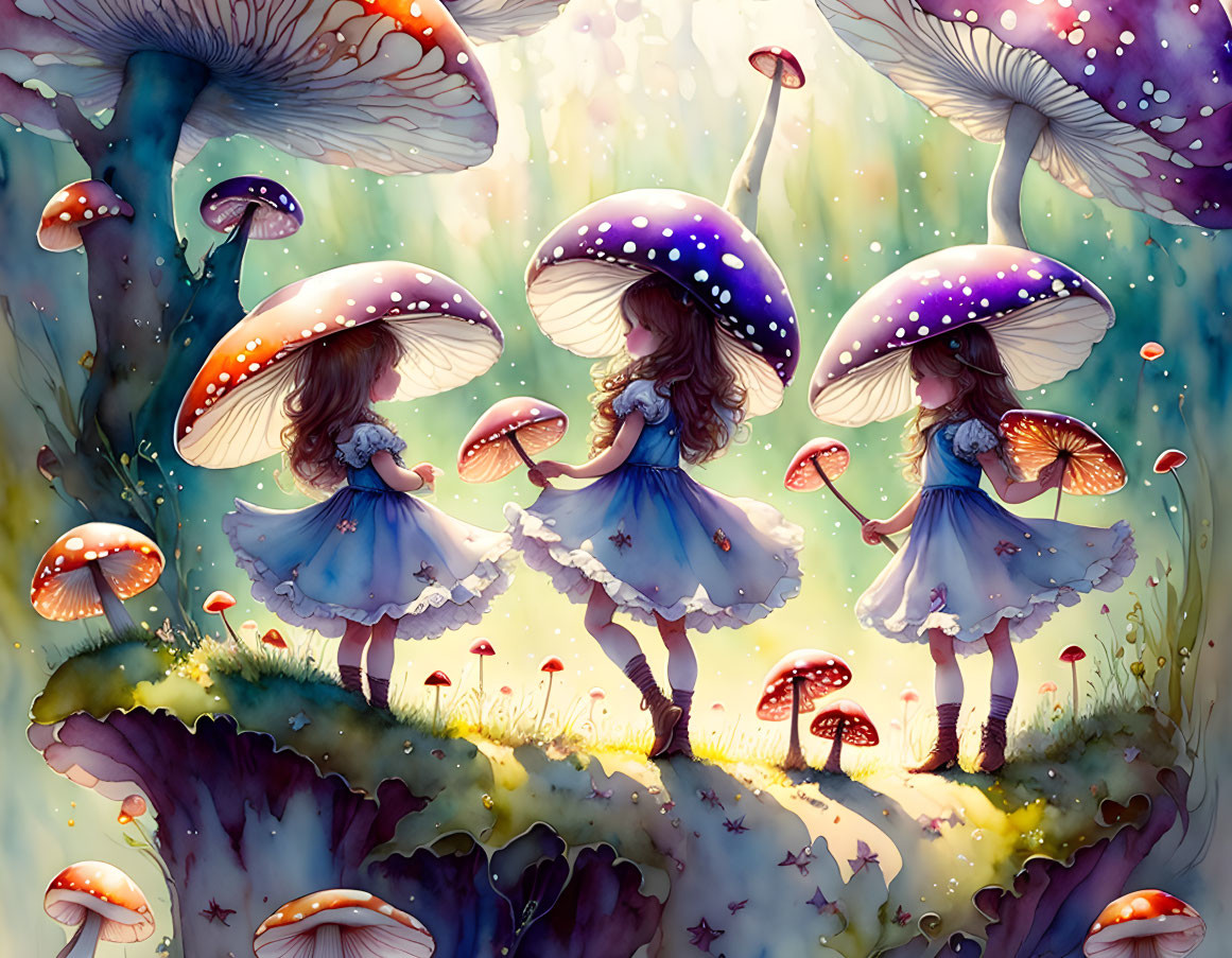 Whimsical animated girls with mushroom cap umbrellas in vibrant enchanted forest