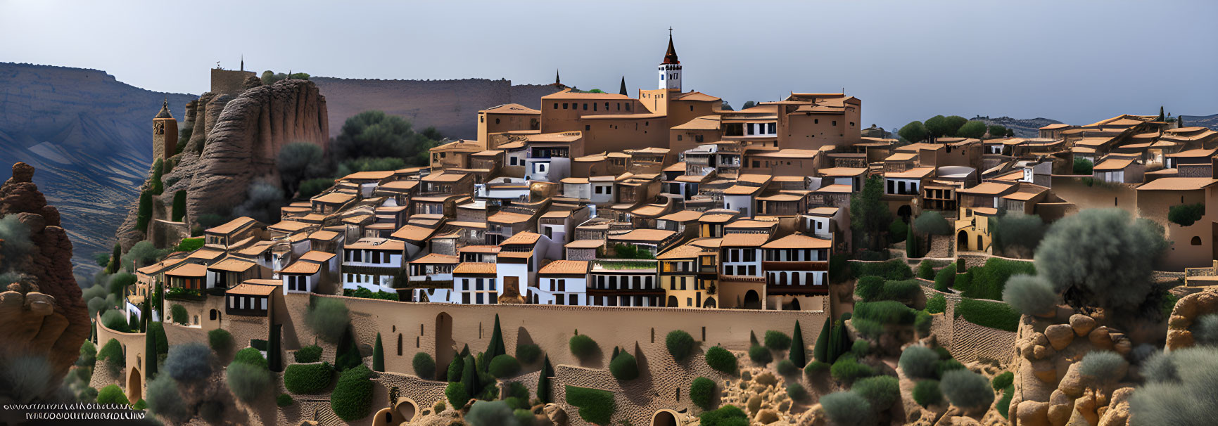 Traditional hilltop village with terracotta rooftops and church steeple in arid landscape