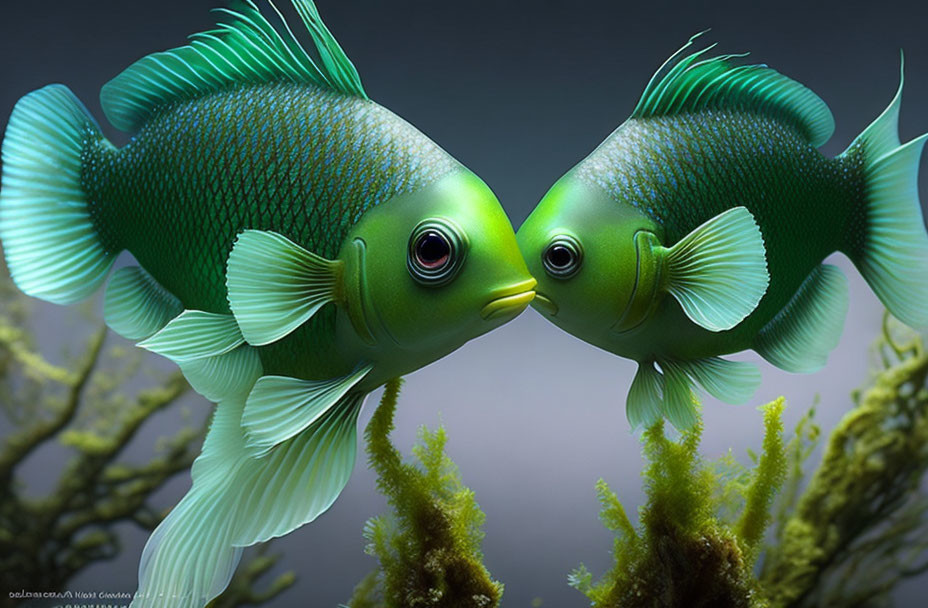 Vibrant green fish with large fins in aquatic setting