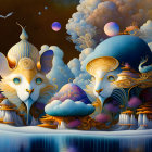 Surreal oversized mushrooms in vibrant celestial landscape