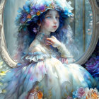 Young girl with floral wreath near mirror in fantasy illustration