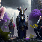 Fantasy illustration: humanoid rabbits in armor with seated human in mystical landscape