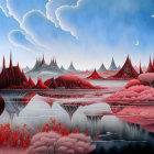 Surreal landscape with bubble-like clouds and vibrant colors