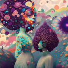 Vibrant surreal illustration: Woman's profile with landscape hair, trees, path, and colorful flora