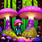 Vibrant Mushroom Forest with Stylized Girls & Butterflies