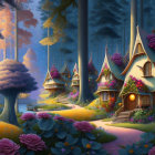 Enchanting moonlit landscape with mushroom trees, glowing paths, cottage & butterflies