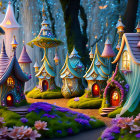 Fantasy landscape with glowing star-shaped lights and mushroom-style houses