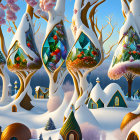 Whimsical winter landscape with tree-like structures and reflective orbs.