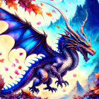 Colorful Blue Dragon with Extended Wings in Fantasy Landscape with Autumn Leaves