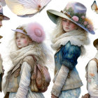 Girl with Seasonal Outfits and Hats in Spring, Summer, Autumn, Winter