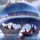 Fantasy artwork: Frosty realm, ornate boats, cloaked figures, icy dragon wings