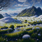 Fantastical landscape with dandelion-like plants, green hills, reflective lake, and glowing sky