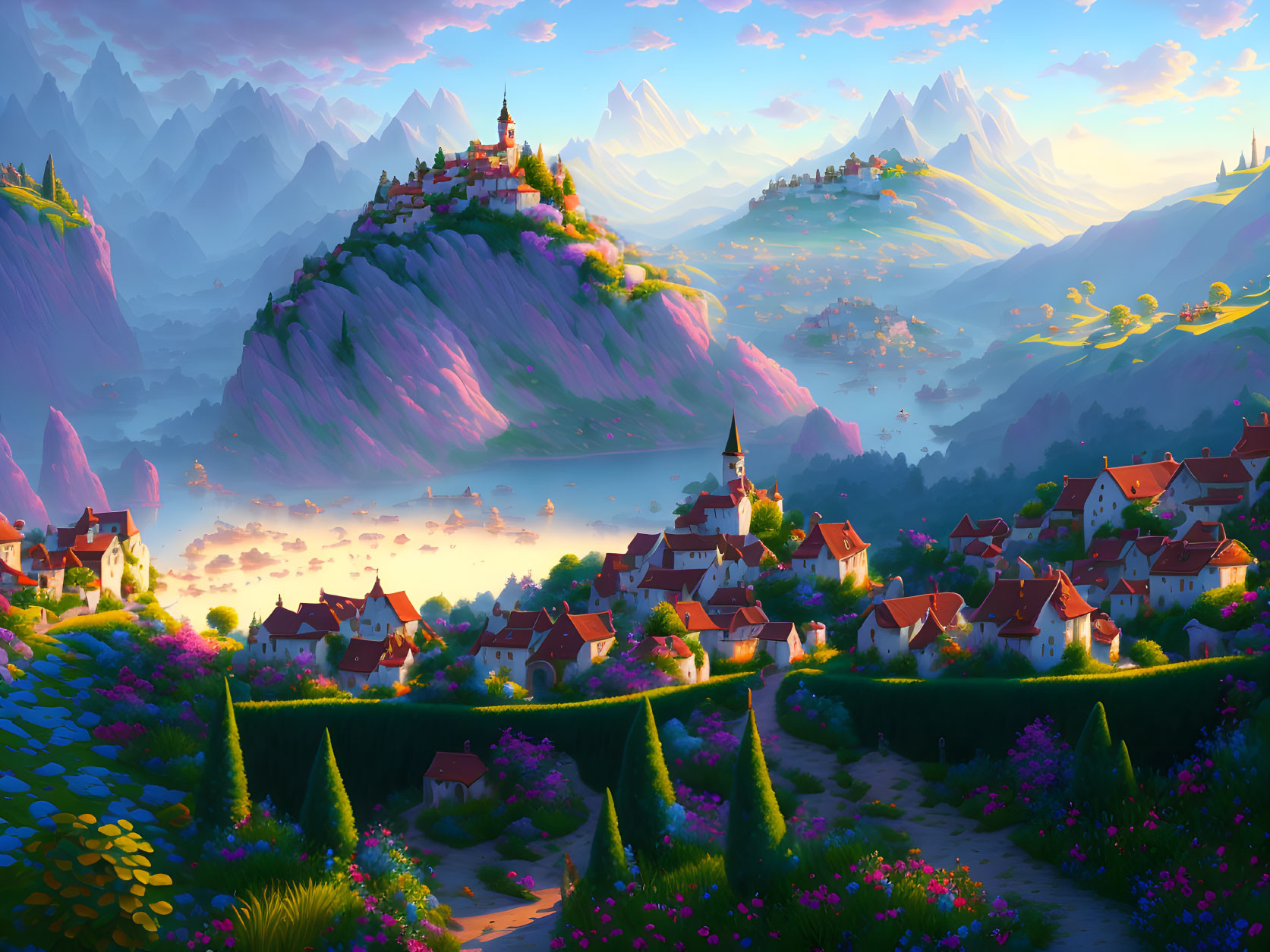 Whimsical valley with vibrant flowers, cottages, hills, and distant castle