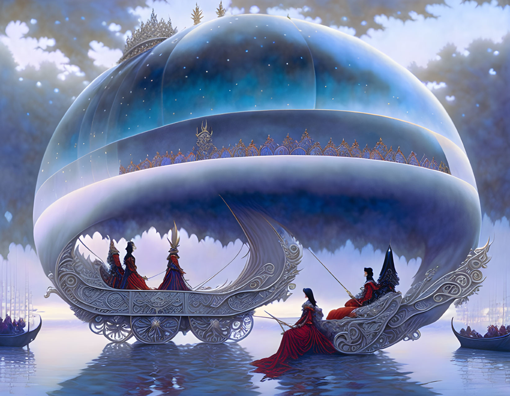 Ethereal fantasy scene with large floating sphere over water