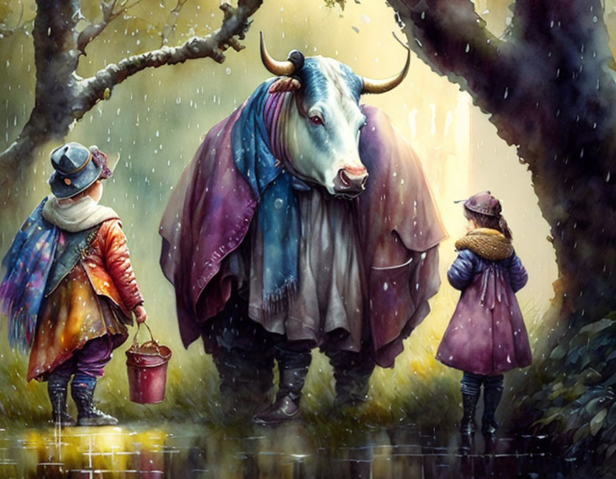 Children and giant cow in colorful cloak in golden forest scene