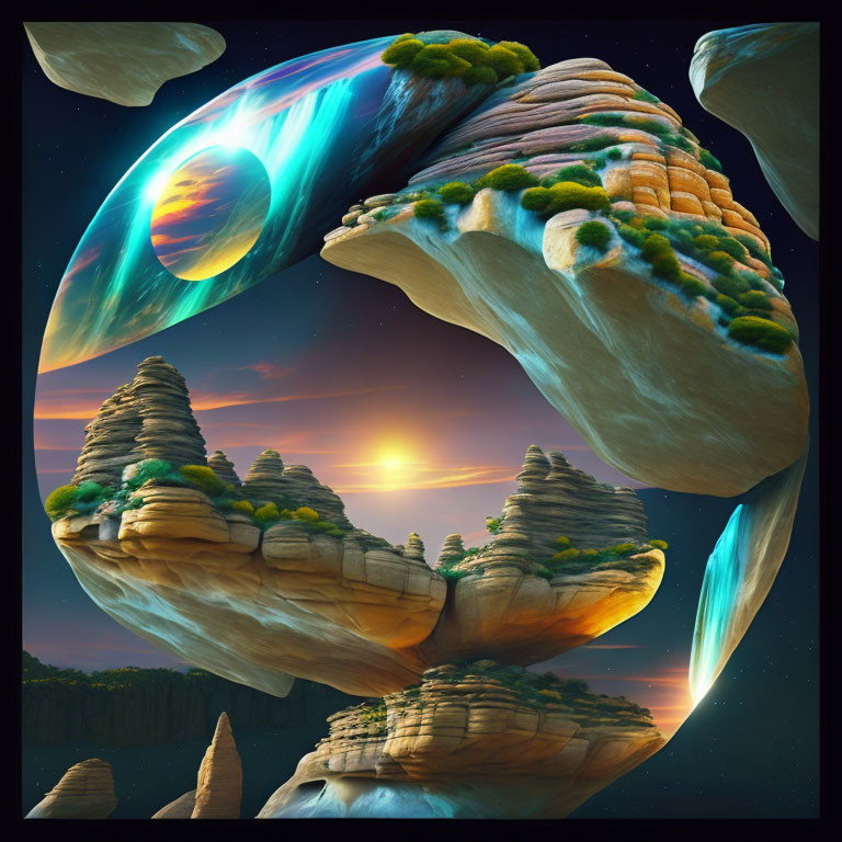 Surreal landscape with floating rock formations and vibrant planets