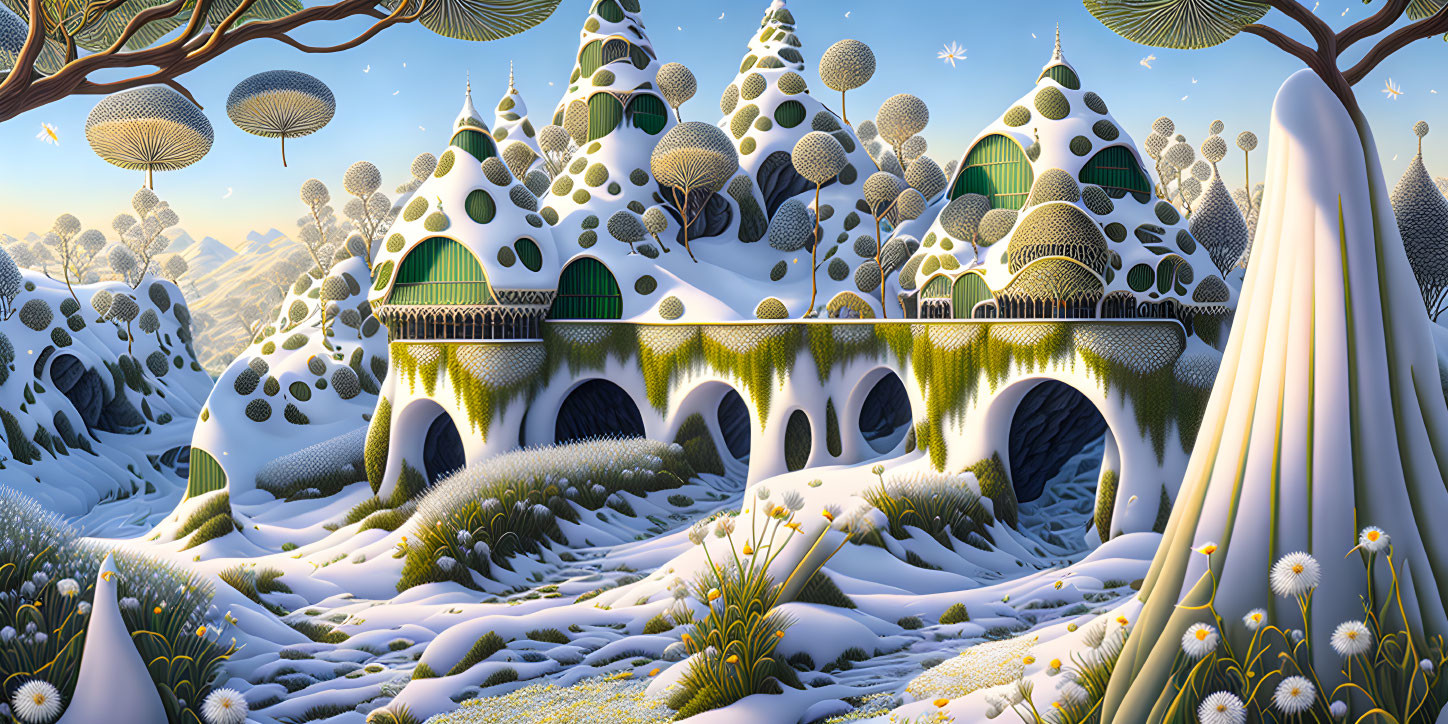 Snow-covered landscape with domed buildings, bridges, and trees - a magical scene.