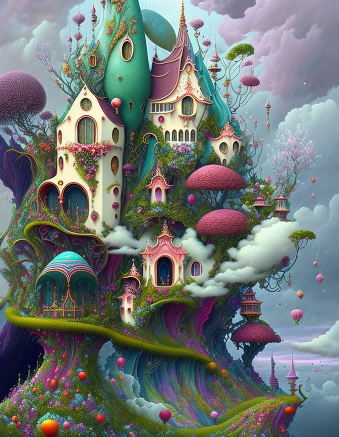 Colorful Fantasy Landscape with Intricate Tree-like Structures and Vibrant Flora