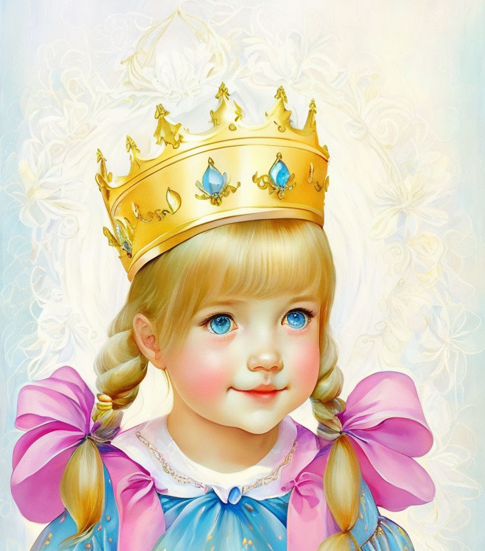 Young girl with blonde pigtails in golden crown and blue dress.
