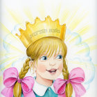 Young girl with blonde pigtails in golden crown and blue dress.