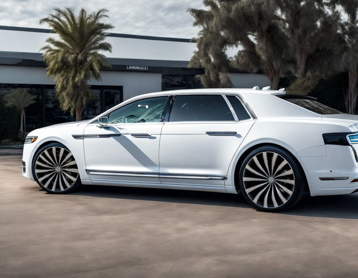 White luxury sedan with custom wheels and tinted windows parked outside building.