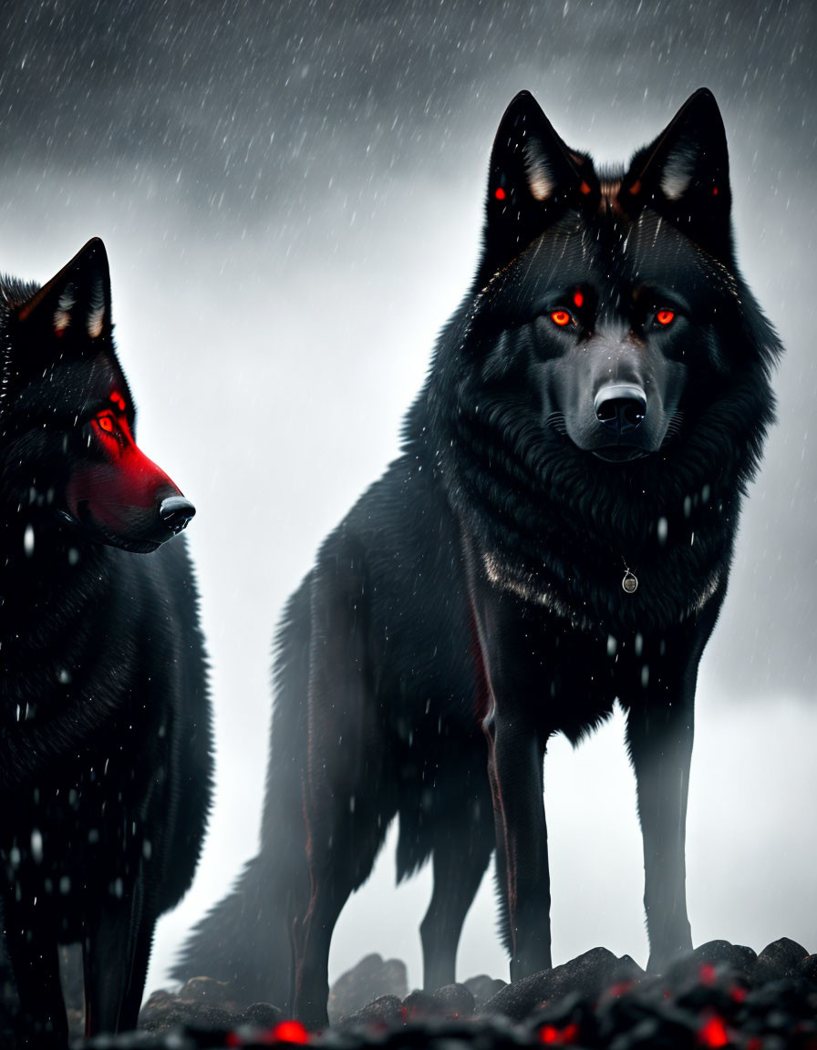 Two Black Wolves with Red Eyes in Snowy Sky