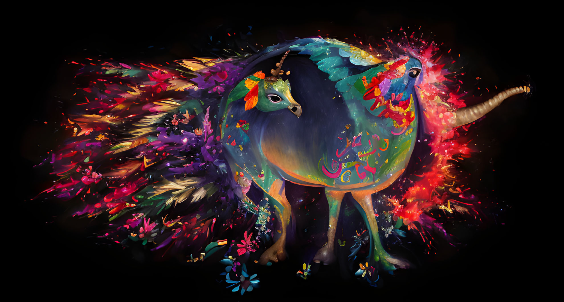 Colorful digital artwork: Two peacocks with exploding tail feathers