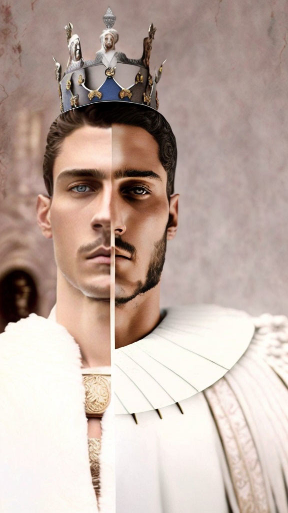 Man split-image: medieval king vs. modern attire