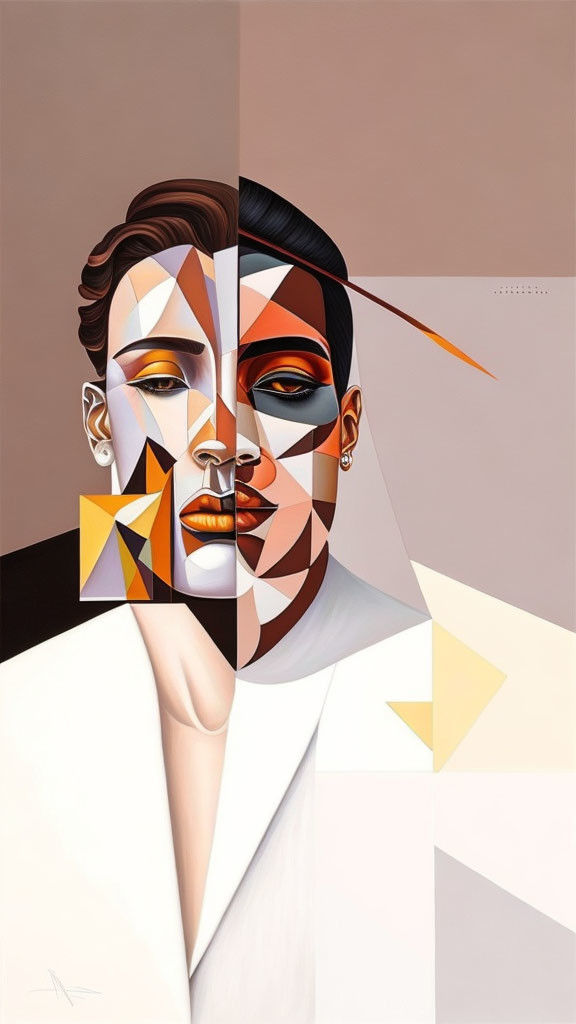 Split-Portrait Artwork: Realistic Woman's Face & Geometric Abstract Design