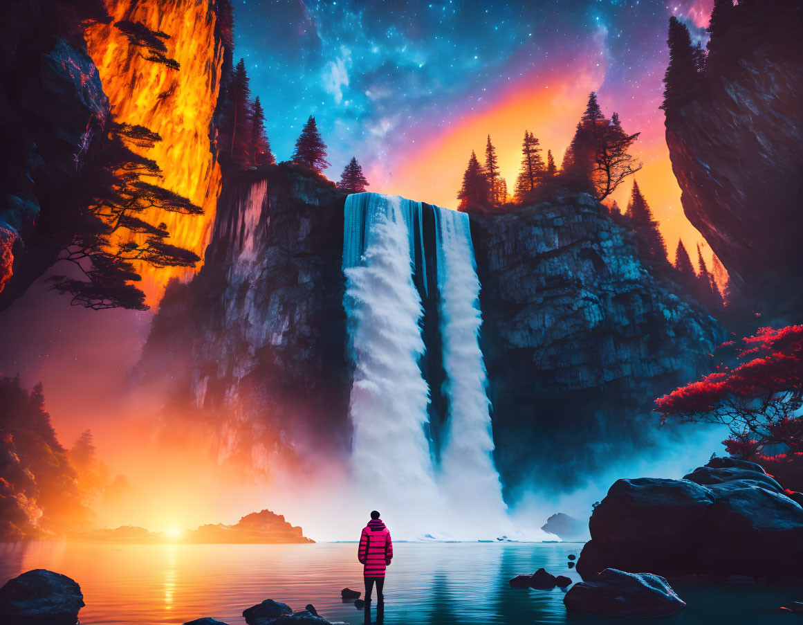 Person Contemplating Waterfall, Starry Sky, Fiery Cliffs, Dark Trees