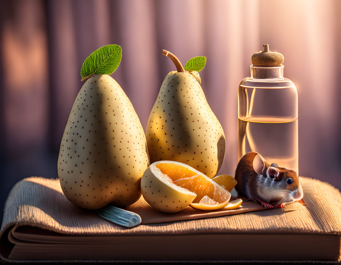 Fresh fruits, hamster, book, and bottle in warm light