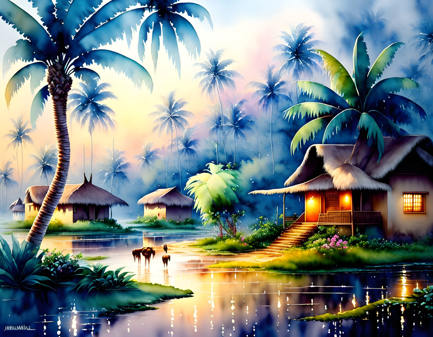 Tranquil tropical village scene at dusk with thatched huts, palm trees, and serene river