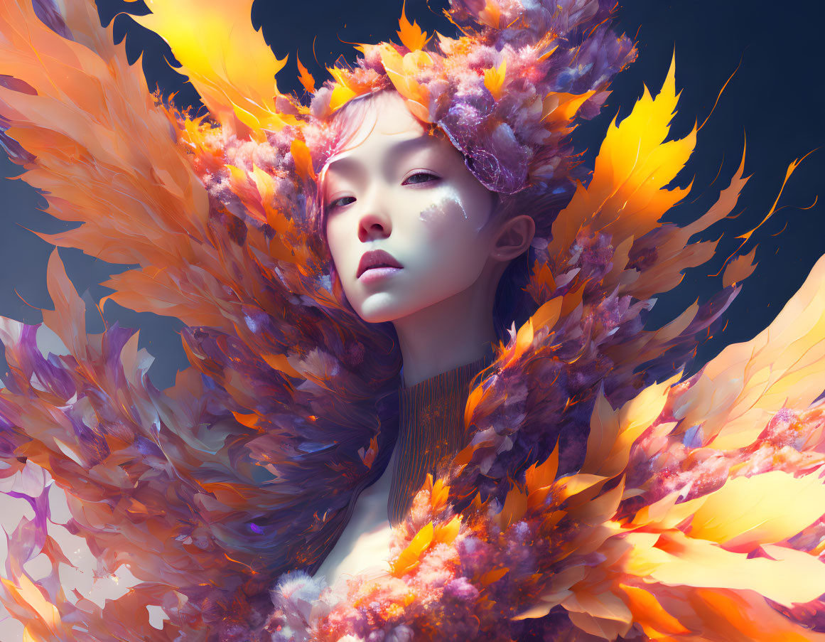 Ethereal fantasy portrait with vibrant orange and purple foliage